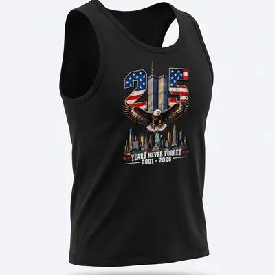 Vintage patriotic T-shirt featuring an eagle, Statue of Liberty, and skyline with commemorative text — printed on a tank top