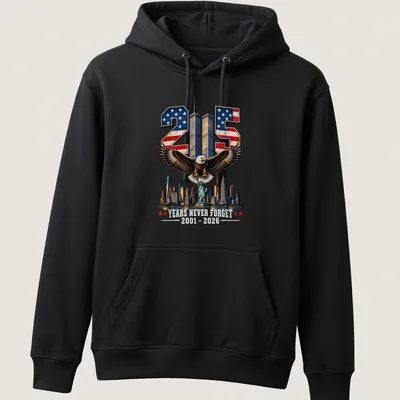 Vintage patriotic T-shirt featuring an eagle, Statue of Liberty, and skyline with commemorative text — printed on a unisex hoodie