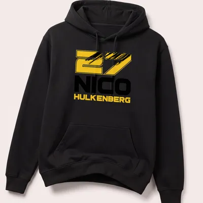 Bold typography tee featuring 27 Nico Hulkenberg in yellow, black, and white — printed on a unisex hoodie
