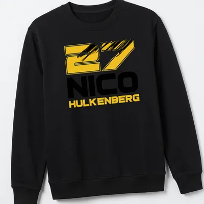 Bold typography tee featuring 27 Nico Hulkenberg in yellow, black, and white — printed on a unisex sweatshirt