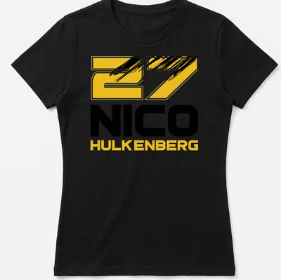 Bold typography tee featuring 27 Nico Hulkenberg in yellow, black, and white — printed on a women's shirt