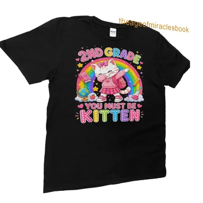Kawaii-style T-shirt featuring a cute cat with a backpack and colorful text. — printed on a unisex t-shirt (angled view)