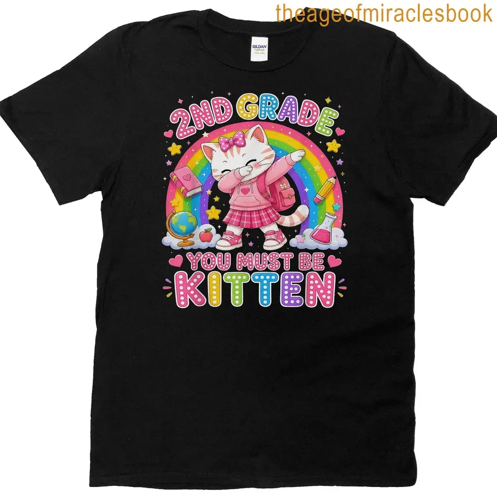 Kawaii-style T-shirt featuring a cute cat with a backpack and colorful text.