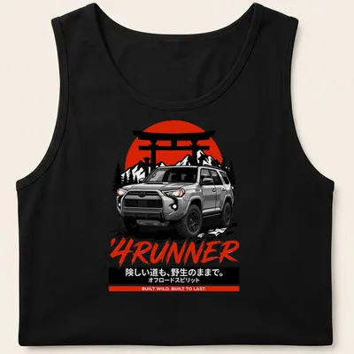 Retro Toyota 4Runner t-shirt with bold text in red, black, white, and gray — printed on a tank top