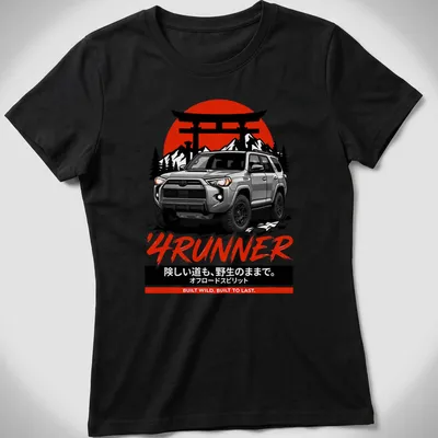 Retro Toyota 4Runner t-shirt with bold text in red, black, white, and gray — printed on a women's shirt
