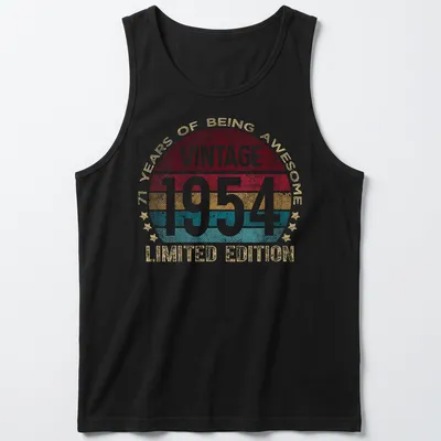 Vintage 1954 birthday t-shirt with colorful retro design celebrating 71 years — printed on a tank top