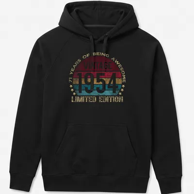 Vintage 1954 birthday t-shirt with colorful retro design celebrating 71 years — printed on a unisex hoodie