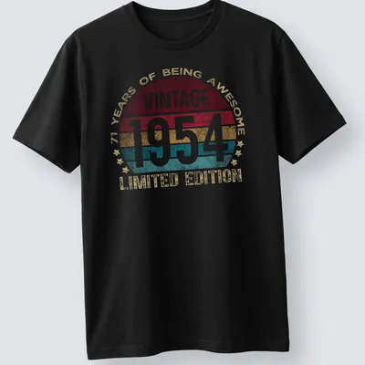 Vintage 1954 birthday t-shirt with colorful retro design celebrating 71 years