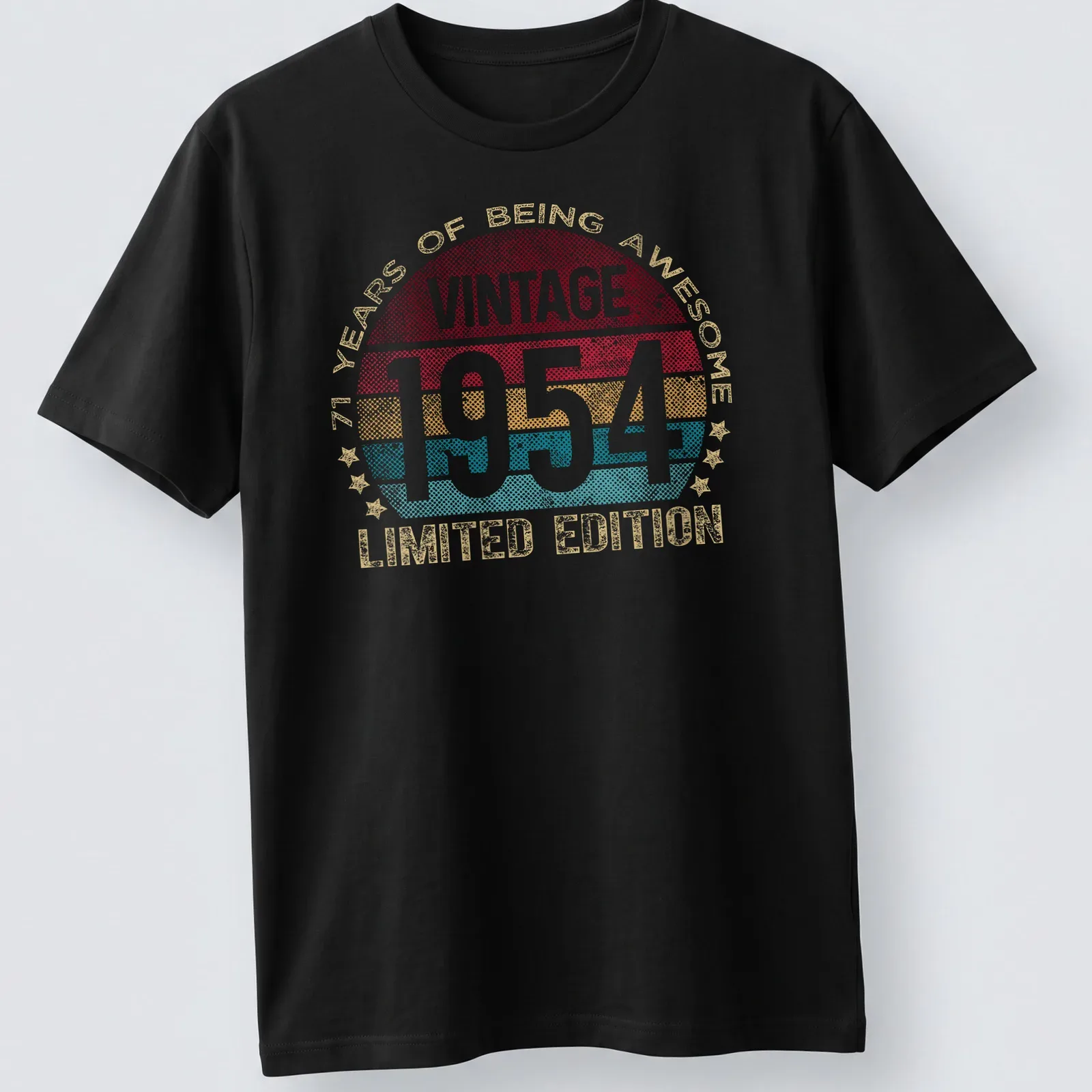 Vintage 1954 birthday t-shirt with colorful retro design celebrating 71 years — printed on a unisex t-shirt