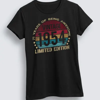 Vintage 1954 birthday t-shirt with colorful retro design celebrating 71 years — printed on a women's shirt