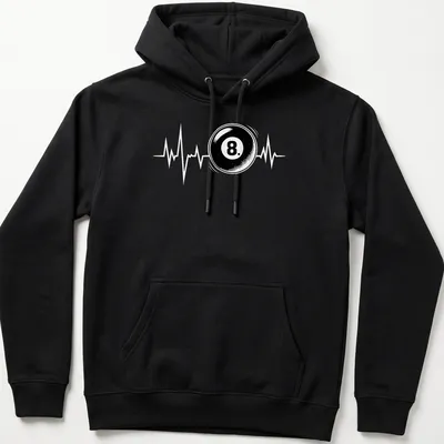 Bold graphic of an 8 ball with a heartbeat line in black and white. — printed on a unisex hoodie