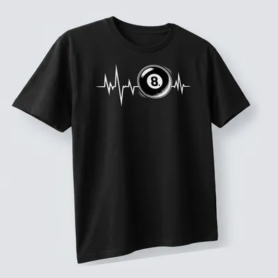 Bold graphic of an 8 ball with a heartbeat line in black and white. — printed on a unisex t-shirt (angled view)