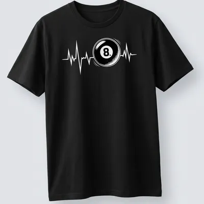 Bold graphic of an 8 ball with a heartbeat line in black and white. — printed on a unisex t-shirt