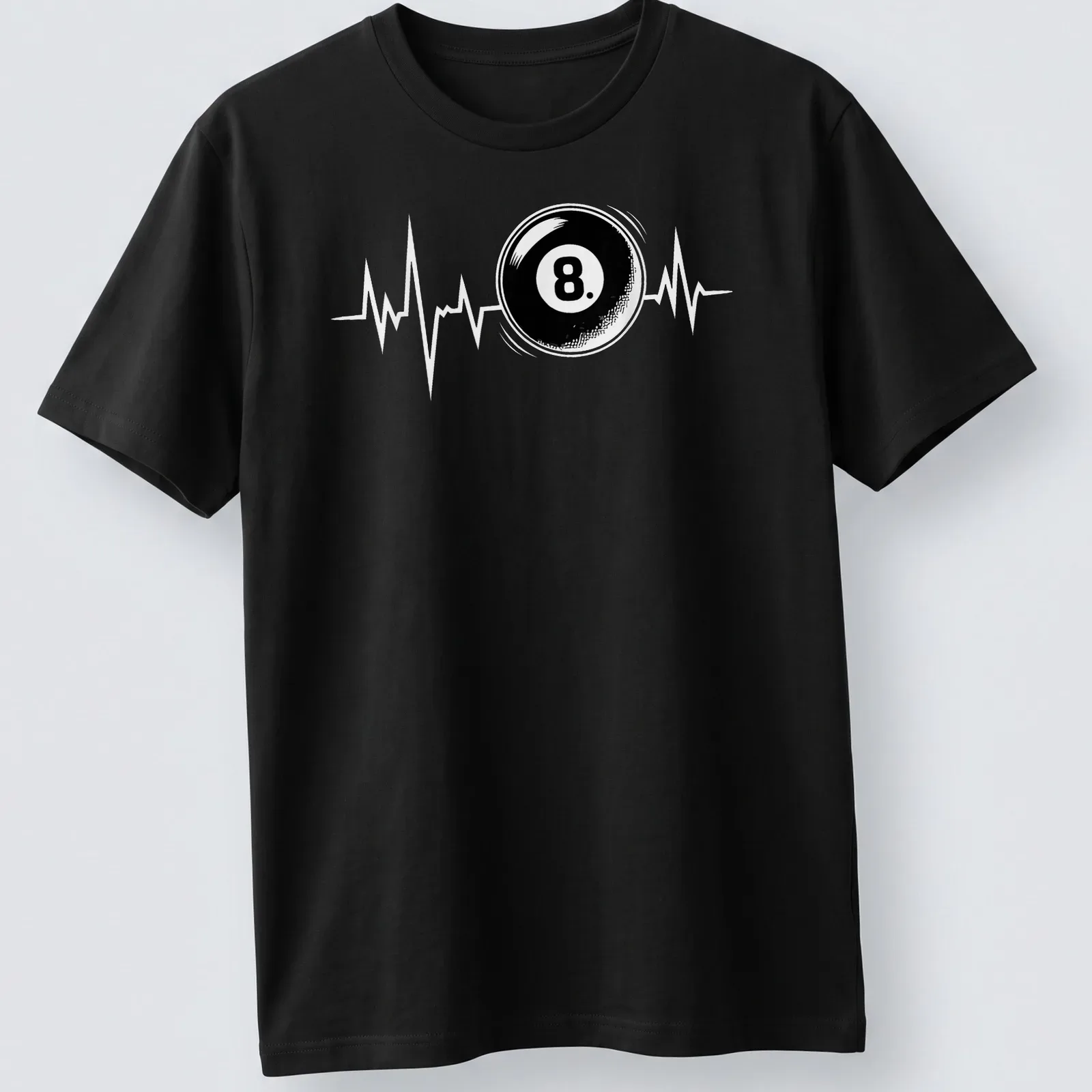 Bold graphic of an 8 ball with a heartbeat line in black and white. — printed on a unisex t-shirt