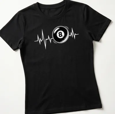 Bold graphic of an 8 ball with a heartbeat line in black and white. — printed on a women's shirt