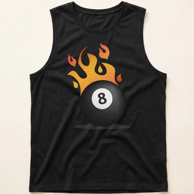 Cartoon graphic of an 8 ball on fire in vibrant colors — printed on a tank top