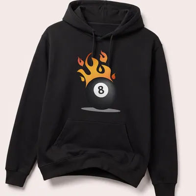 Cartoon graphic of an 8 ball on fire in vibrant colors — printed on a unisex hoodie