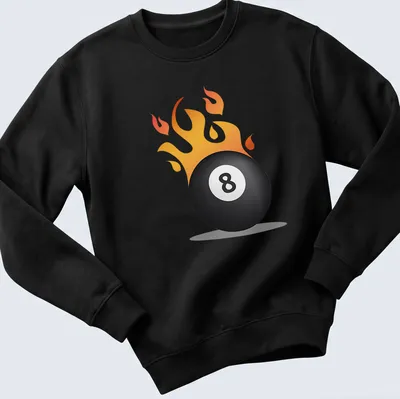 Cartoon graphic of an 8 ball on fire in vibrant colors — printed on a unisex sweatshirt