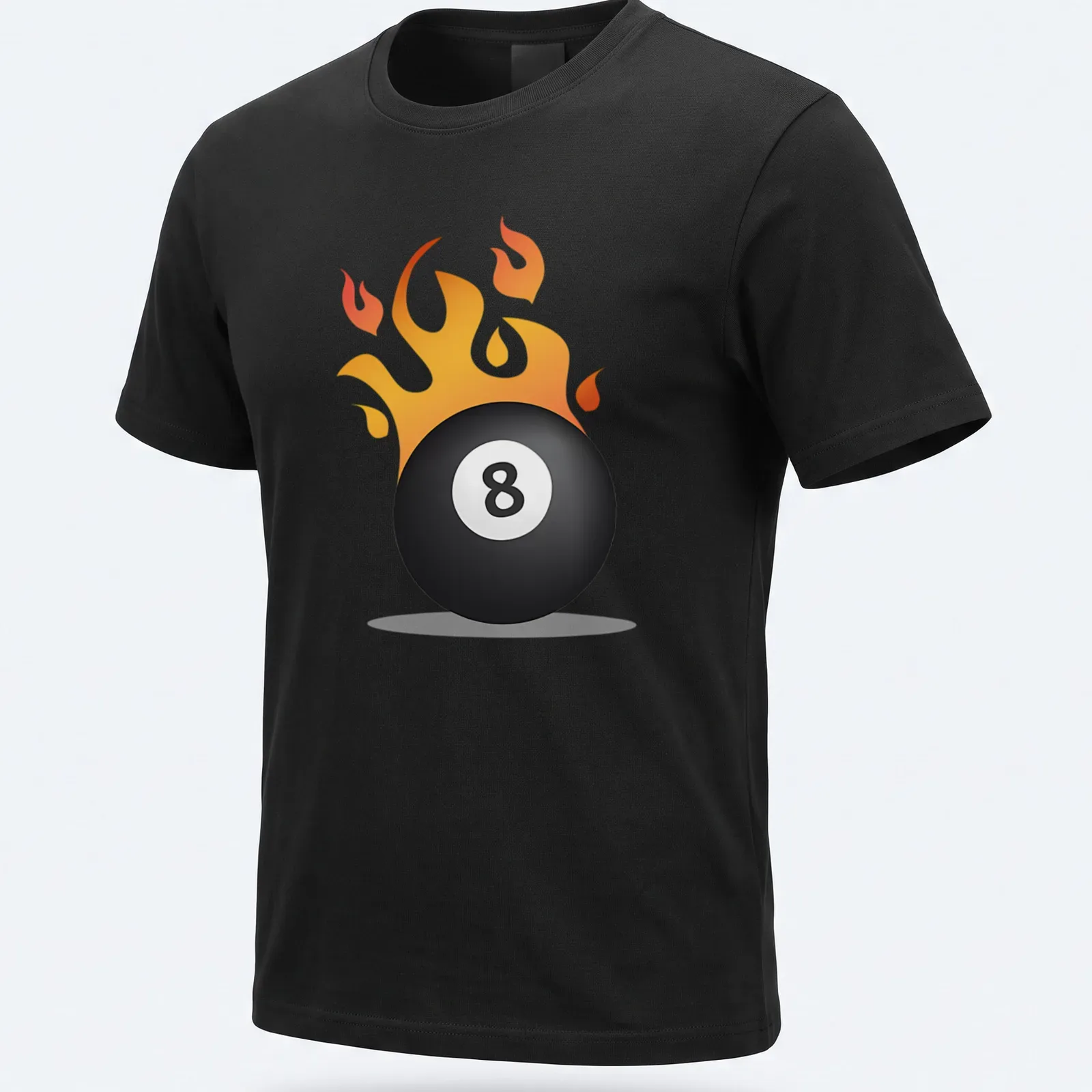 Cartoon graphic of an 8 ball on fire in vibrant colors — printed on a unisex t-shirt