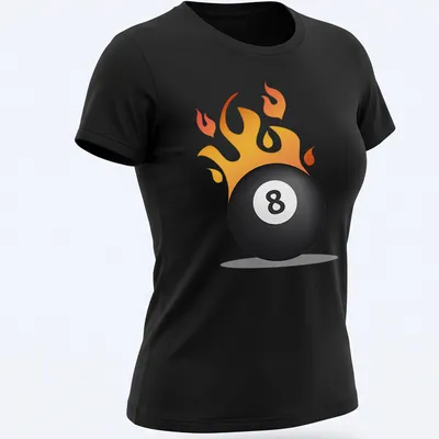 Cartoon graphic of an 8 ball on fire in vibrant colors — printed on a women's shirt