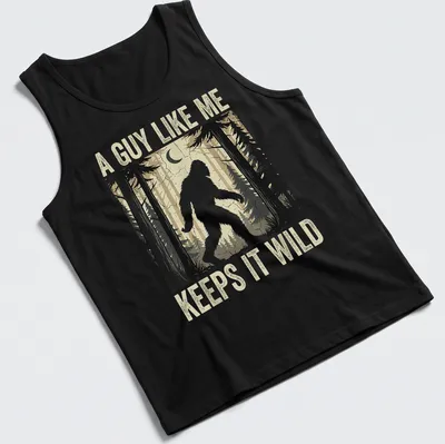 Vintage distressed Bigfoot graphic tee with humorous text about wild living — printed on a tank top