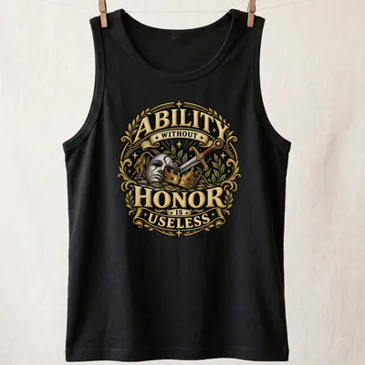 Ornate design of a broken mask and sword with crowns, with text. — printed on a tank top
