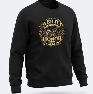 Ornate design of a broken mask and sword with crowns, with text. — printed on a unisex sweatshirt