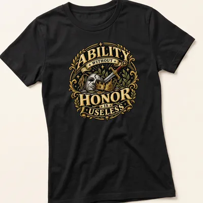 Ornate design of a broken mask and sword with crowns, with text. — printed on a women's shirt