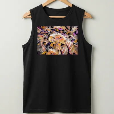 Abstract design of an archeological dig in purple, orange, gold, white, and black — printed on a tank top