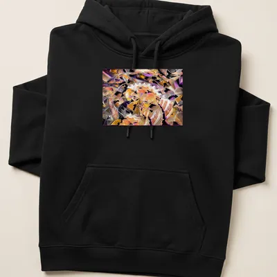 Abstract design of an archeological dig in purple, orange, gold, white, and black — printed on a unisex hoodie