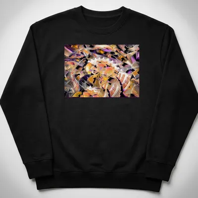 Abstract design of an archeological dig in purple, orange, gold, white, and black — printed on a unisex sweatshirt