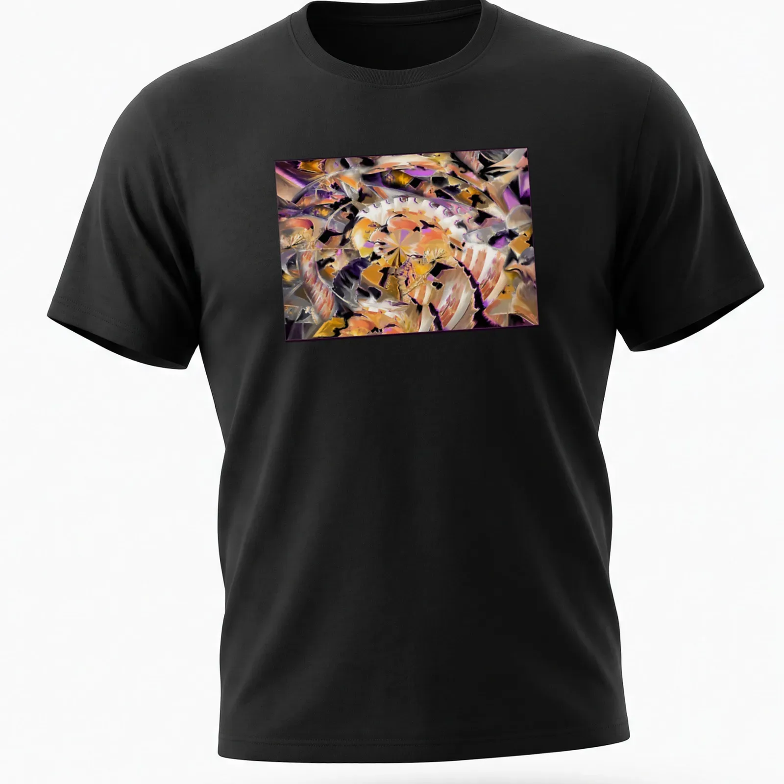 Abstract design of an archeological dig in purple, orange, gold, white, and black — printed on a unisex t-shirt