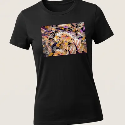 Abstract design of an archeological dig in purple, orange, gold, white, and black — printed on a women's shirt