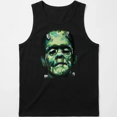 Vintage illustration of Frankenstein's character head in green and gray — printed on a tank top