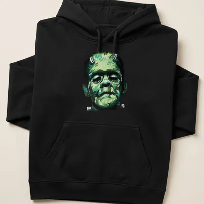 Vintage illustration of Frankenstein's character head in green and gray — printed on a unisex hoodie