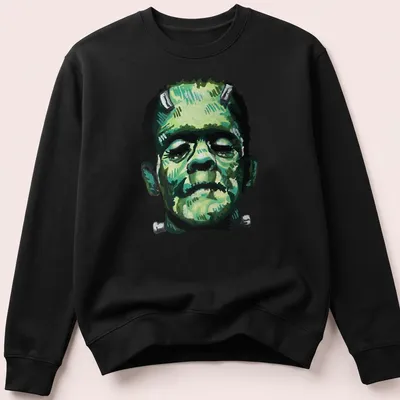 Vintage illustration of Frankenstein's character head in green and gray — printed on a unisex sweatshirt