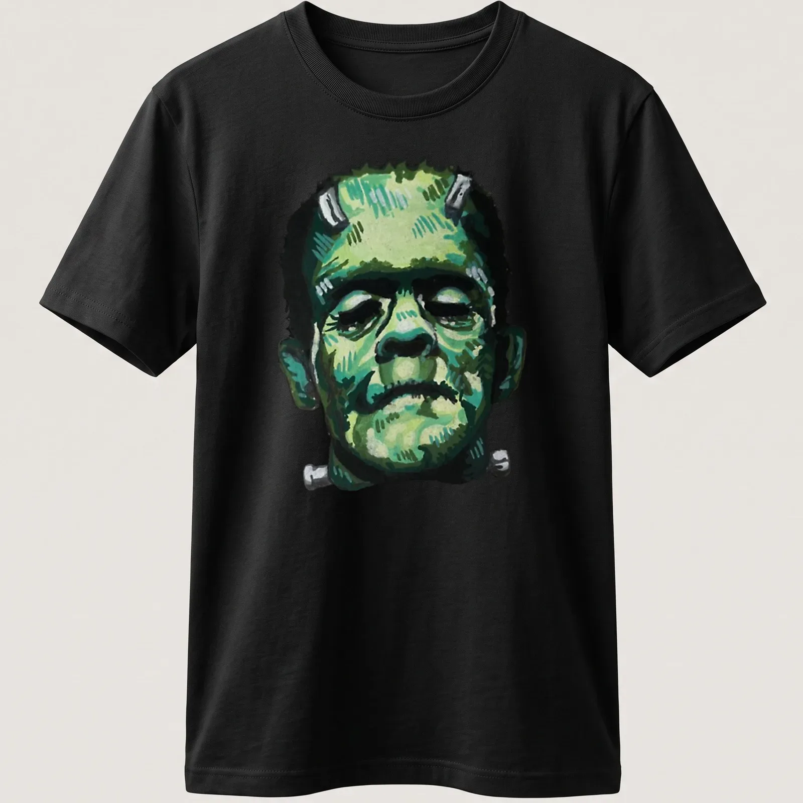 Vintage illustration of Frankenstein's character head in green and gray — printed on a unisex t-shirt