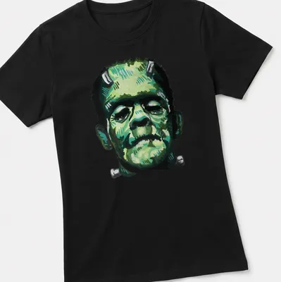 Vintage illustration of Frankenstein's character head in green and gray — printed on a women's shirt