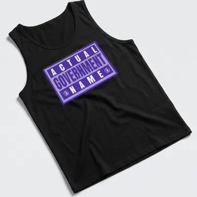 Bold typography t-shirt featuring 'Actual Government Name' in purple and white. — printed on a tank top