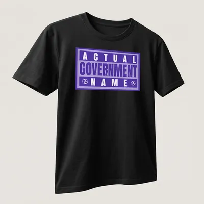 Bold typography t-shirt featuring 'Actual Government Name' in purple and white. — printed on a unisex t-shirt (angled view)
