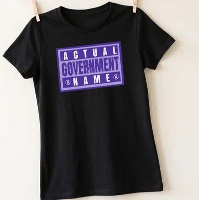 Bold typography t-shirt featuring 'Actual Government Name' in purple and white. — printed on a women's shirt