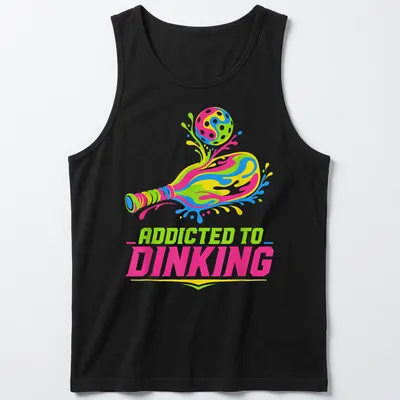 Colorful t-shirt featuring 'Addicted To Dinking' with a pickleball paddle and ball illustration. — printed on a tank top