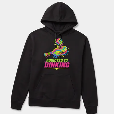 Colorful t-shirt featuring 'Addicted To Dinking' with a pickleball paddle and ball illustration. — printed on a unisex hoodie