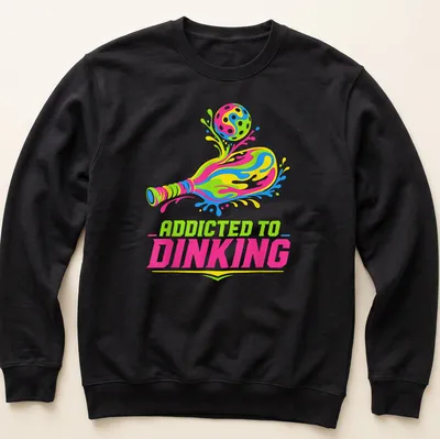 Colorful t-shirt featuring 'Addicted To Dinking' with a pickleball paddle and ball illustration. — printed on a unisex sweatshirt