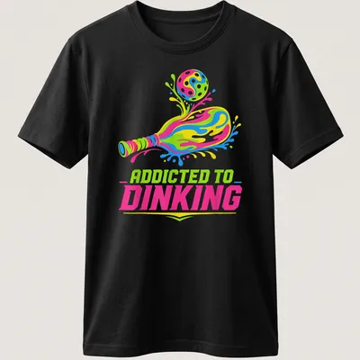Colorful t-shirt featuring 'Addicted To Dinking' with a pickleball paddle and ball illustration.