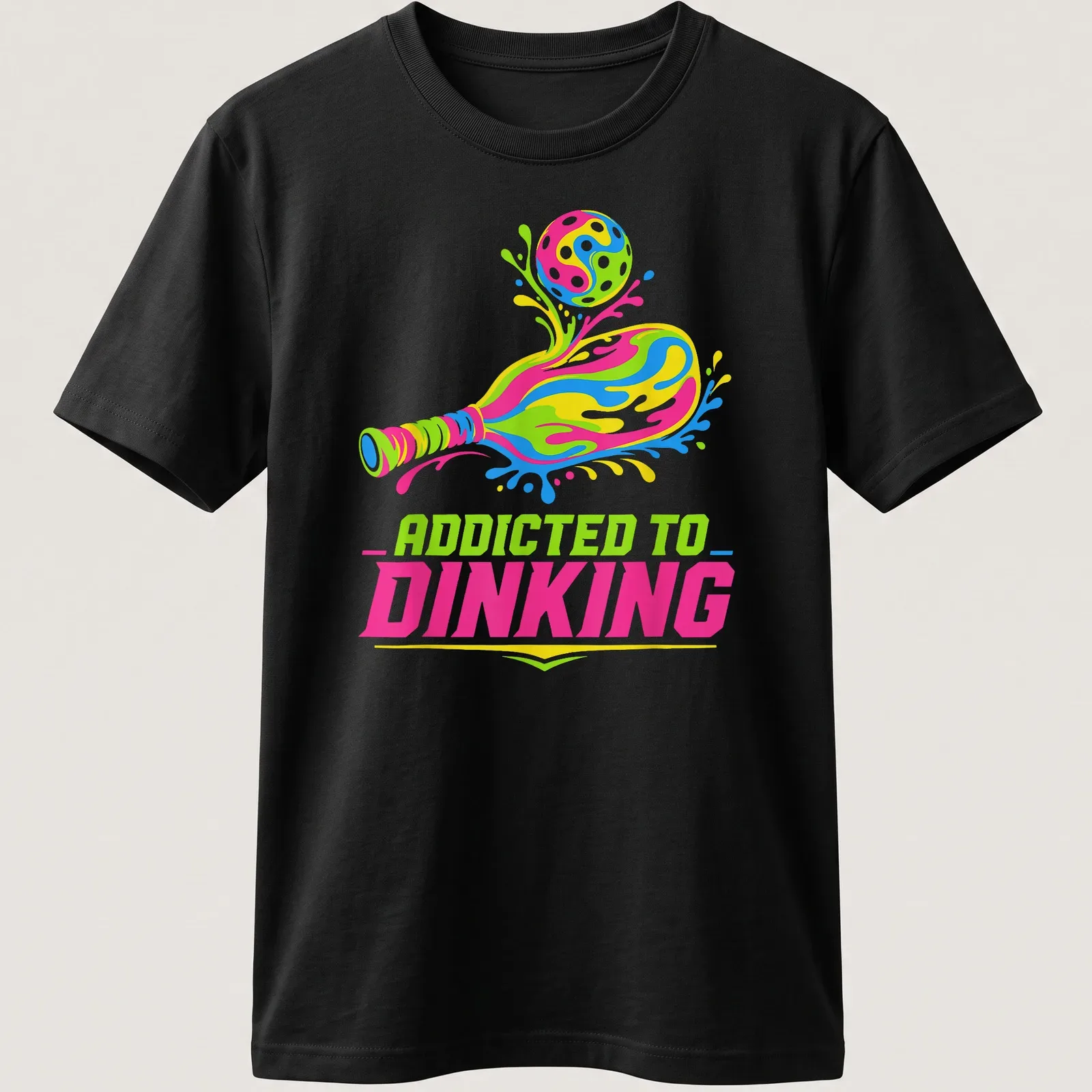 Colorful t-shirt featuring 'Addicted To Dinking' with a pickleball paddle and ball illustration. — printed on a unisex t-shirt