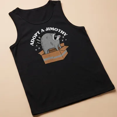 Cartoon raccoon popping out of a box with Adopt A Jimothy text — printed on a tank top