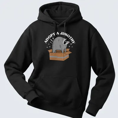 Cartoon raccoon popping out of a box with Adopt A Jimothy text — printed on a unisex hoodie