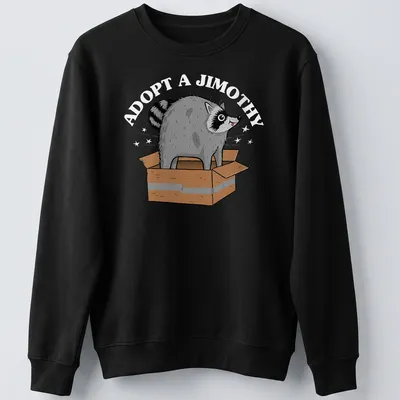 Cartoon raccoon popping out of a box with Adopt A Jimothy text — printed on a unisex sweatshirt