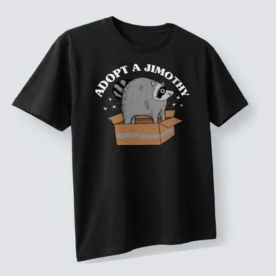 Cartoon raccoon popping out of a box with Adopt A Jimothy text — printed on a unisex t-shirt (angled view)